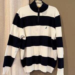 Nautica Men's Black & White Stripe Quarter Zip Sweater, Size XL